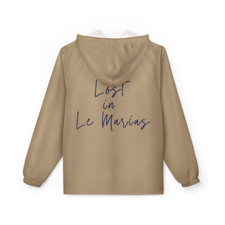 Beige jacket with 'Lost in Le Marias' text on the back against a white background