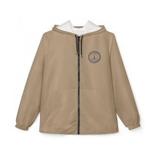 Beige jacket with a logo on the chest against a white background