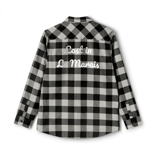 Black and white checkered shirt with text on a white background