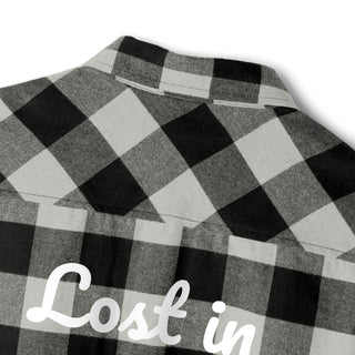 Black and white checkered shirt with 'Lost in Le Marais' text overlay
