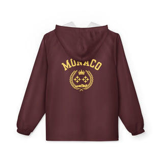 Maroon hoodie with gold 'Monaco' logo on the back against a white background