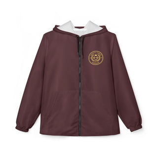 Maroon jacket with a logo on a white background