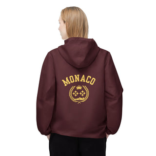 Maroon hoodie with 'MONACO' logo on the back, worn by a person on a white background