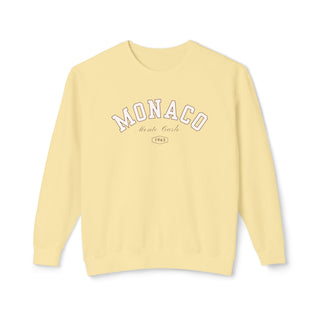 Light yellow sweatshirt with 'MONACO' text on a white background