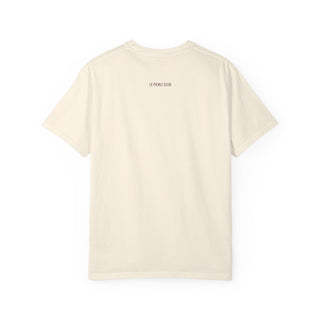Beige t-shirt with 'Le Pickle Club' logo on the back against a white background