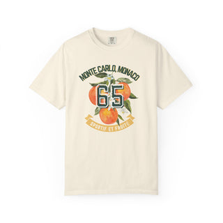 Beige t-shirt with orange design and text on a white background