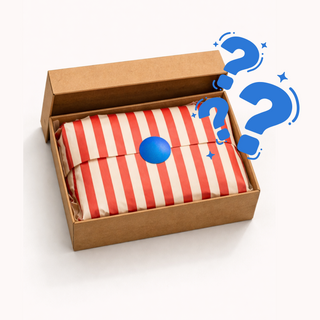 Open box with a red and white striped product inside, surrounded by blue question marks on a white background.