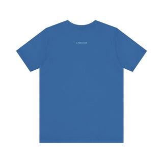 Blue t-shirt with a small white logo on the back against a white background