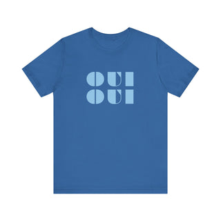 Blue t-shirt with 'OUI OUI' text on a white background