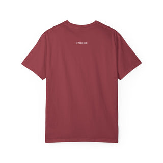 Maroon t-shirt with 'Le Pique Club' logo on the back against a white background