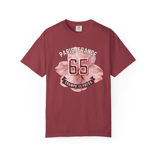Maroon t-shirt with floral design and text on a white background