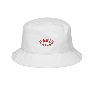 White bucket hat with 'Paris France' text on a white background
