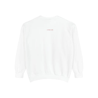 White t-shirt with a small red logo on a white background