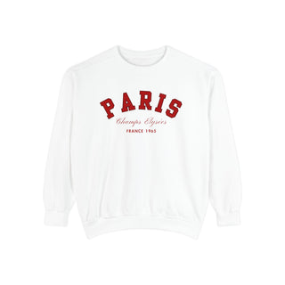 White sweatshirt with red 'PARIS Champs Elysees France 1965' text on a white background