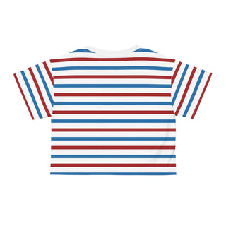 Striped shirt with red, white, and blue horizontal stripes on a white background