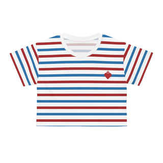 Striped t-shirt with red heart design on a white background