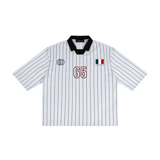 White and black striped shirt with a red logo on a white background