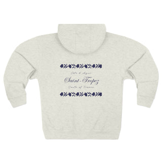 Gray hoodie with text on the back against a white background