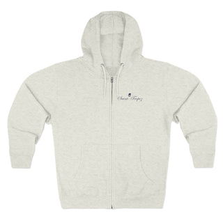 Gray hoodie with a brand logo on a white background