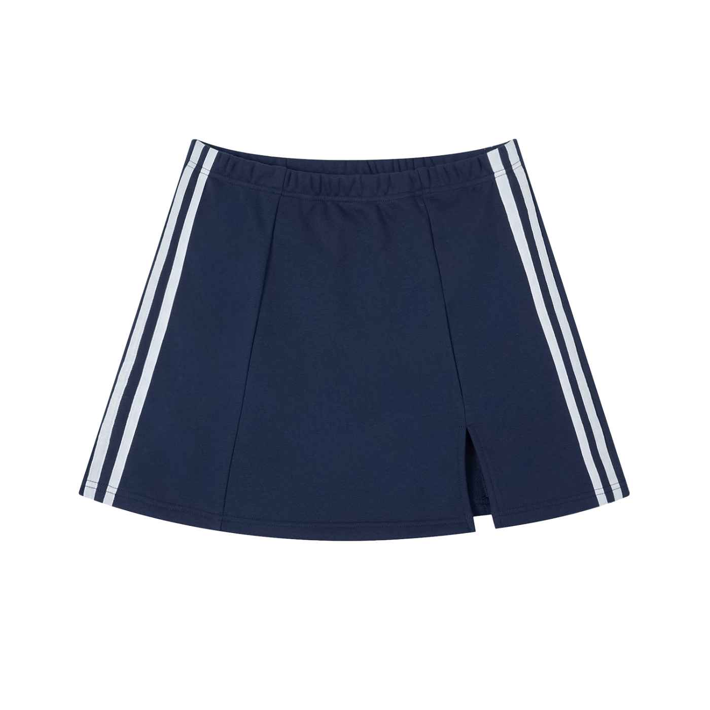 Navy shorts with white stripes on a white background