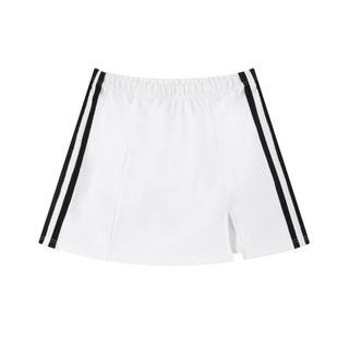 White shorts with black stripes on a white background