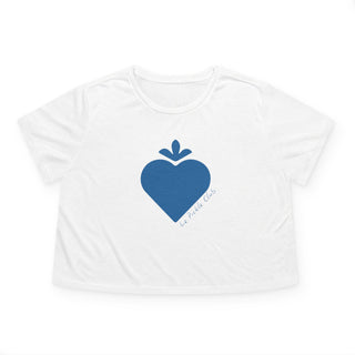 White t-shirt with a blue heart design on a white background