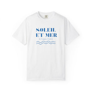 White t-shirt with blue text and wave design on a white background