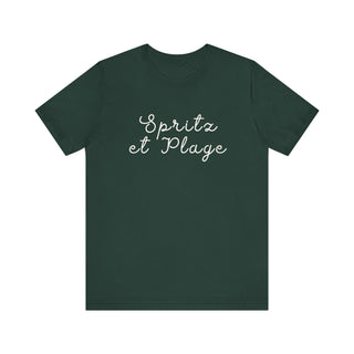 Green t-shirt with 'Spritz et Plage' text on a white background