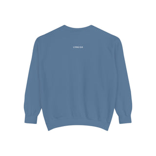 Blue sweatshirt with a logo on the back against a white background