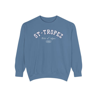Blue sweatshirt with 'ST-TROPEZ' text on a white background
