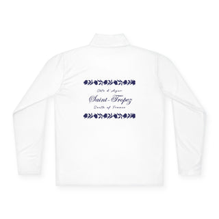 White jacket with navy text on a white background