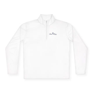 White long-sleeve shirt with a navy logo on a white background