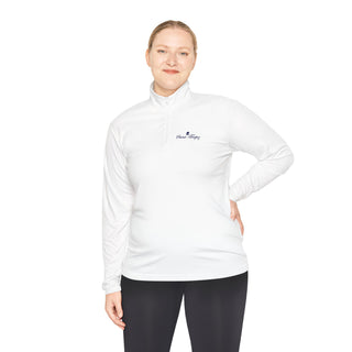 Woman wearing a white long-sleeve shirt with a logo on a white background