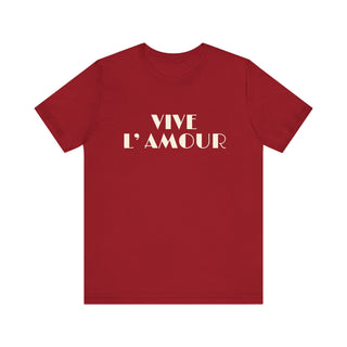 Red t-shirt with 'VIVE L'AMOUR' text on a white background