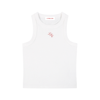 White tank top with red text on a white background