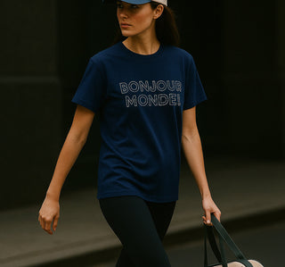Brooke wearing a navy classic blue tee with 'Bonjour Monde' text, walking on a NY street.